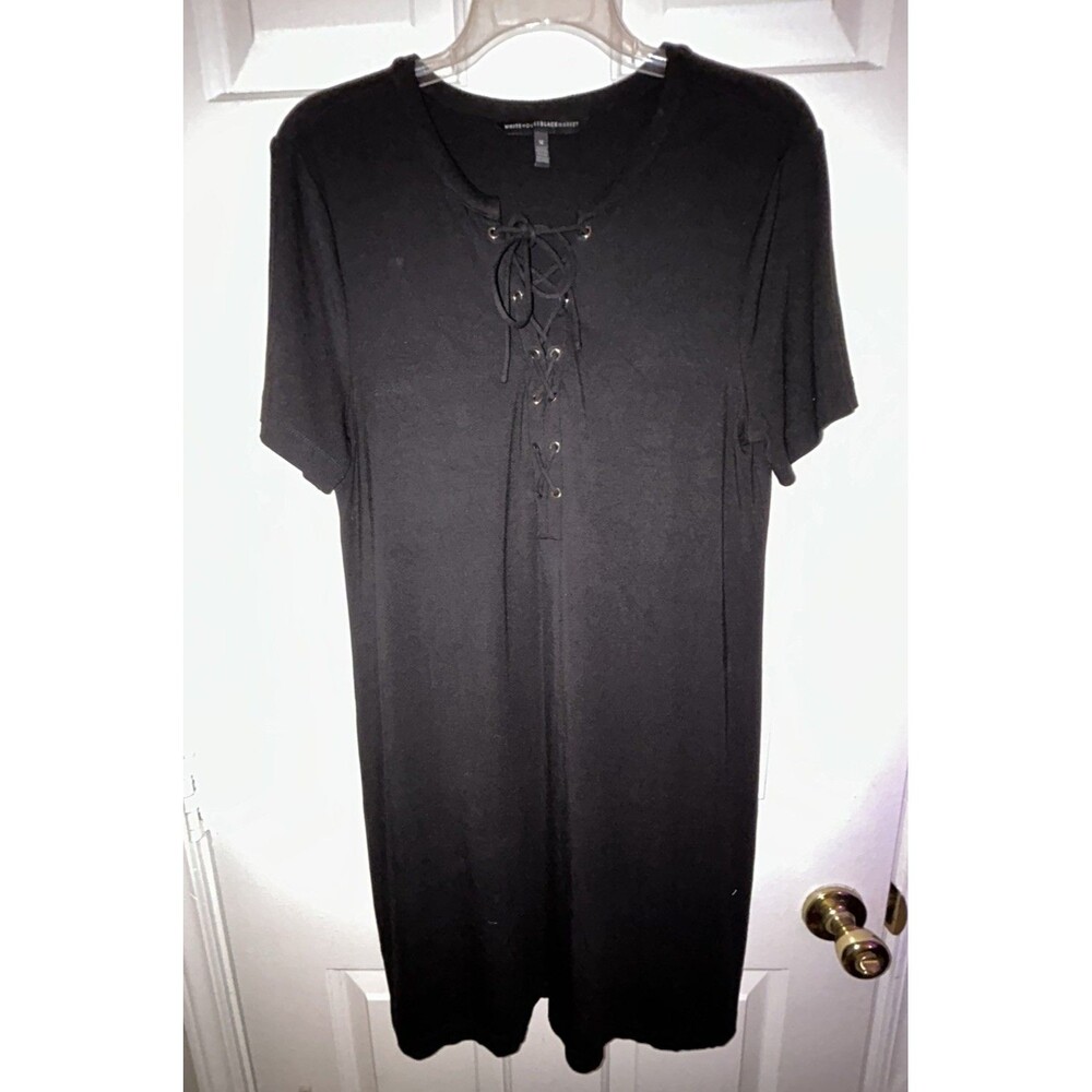 White House Black Market Dress Womens Medium Black Short Sleeve Lace Up Classic